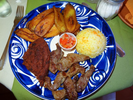 Beef, Fried Beans, Rice, Salsa, Fried Plaintains