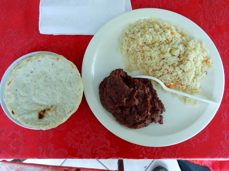 Typical Central American Meal - Refried Beans, Rice, Tortilla